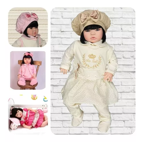 Boneca Bebe Isabela Rosa De Menina Com Roupa De Luxo Morena