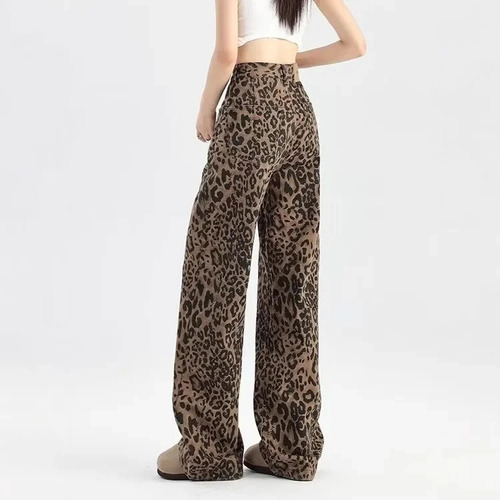 Jeans Anchos De Cintura Alta Con Estampado De Leopardo Para