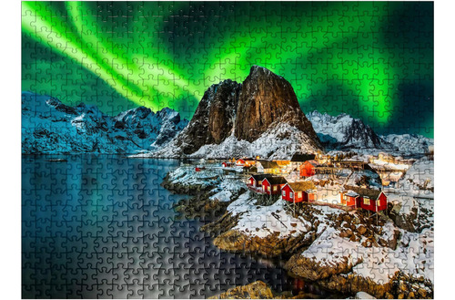 Aurora Boreal Sobre Hamnoy En Noruega - Rompecabezas Premium