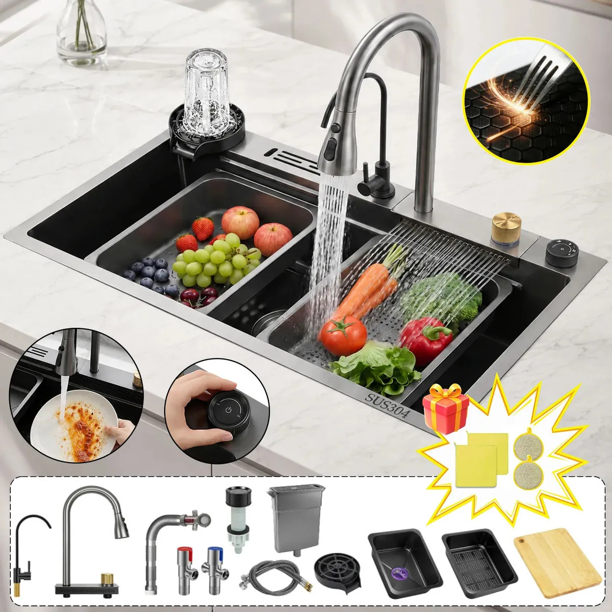 Fregadero De Organizadores Cocina De Acero Inoxidable Negro 80x45x22cm,Fregadero Empotrable Incluye Completa Variedad de Accesorios