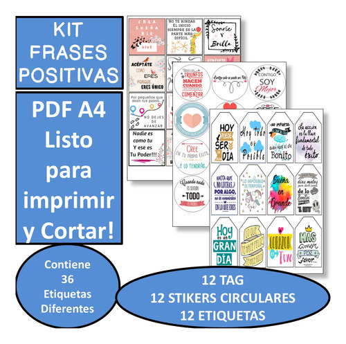 Kit Imprimible 02 Frases Color Stikers Tag Topper Emprender
