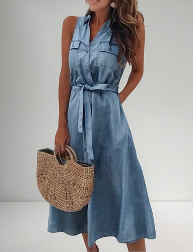 Vestido Vaquero Sin Mangas De Una De Botones For Mujer
