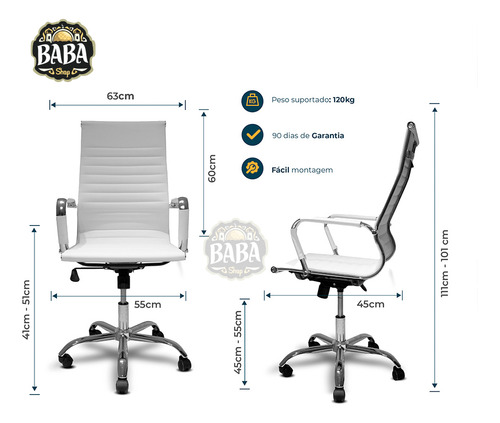 Conjunto 2 CadeiraS De Escritório Presidente Executiva Alta Com Dupla Camada De Couro Sintético Giratoria Branca - Baba Shop