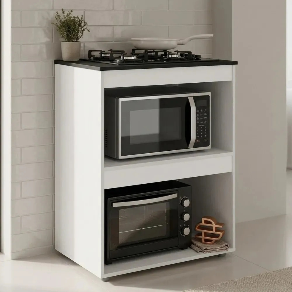 Balcão Multiuso Ariana Cozinha Compacta 75x90cm com Nichos Micro-ondas Cooktop Eletroportáteis MDP Branco - Desk Design