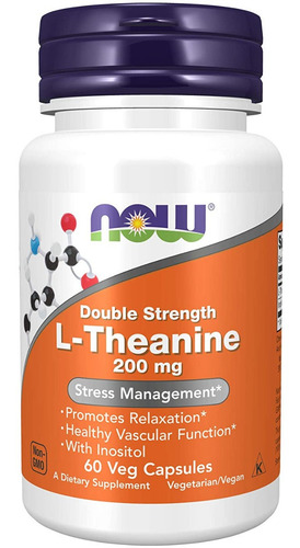 NOW Foods, L-Theanine, Dosagem Dupla, 200 mg, 60 Cáps