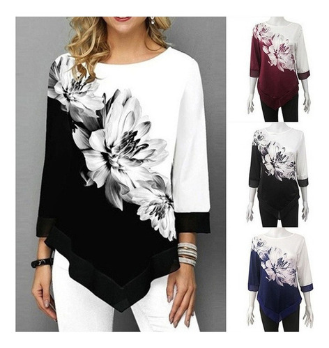 Blusa Estampada Floral De Mujer De Moda Talla Grande 3/4