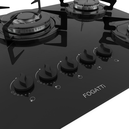 Cooktop Fogatti À Gás Fgt 5b Tc Vidro Preto Flange Esmaltada 127/220V