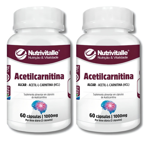 Kit 2 Un - Acetilcarnitina 1000mg 60 Capsulas Nutrivitalle