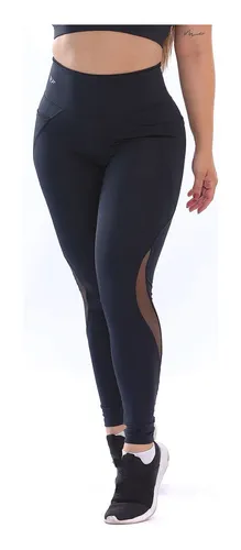 Calça Simony Fitness Plus Size Legging Com Listas E Tela Fitness