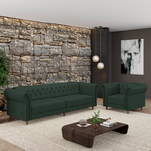 Conjunto 1 Sofá 240 E 1 Poltrona Chesterfield Couro Verde