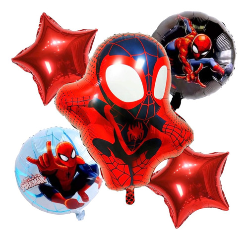 Set De 5 Globos Metalicos Spider Man Con Globo Doble Imagen