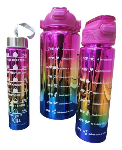 Set De 3 Termos Botella De Agua Motivacional Metalizados