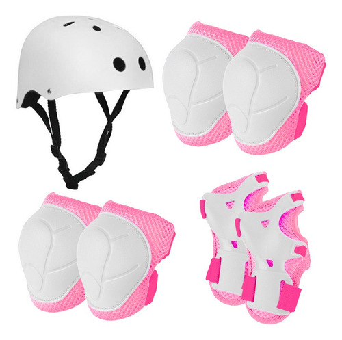 Set Protección Niña Blanco Casco Rodillera Codera Muñequera