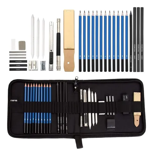 Kit De Boceto Premium 33 Piezas Lápices Carbón Sacapuntas Bo