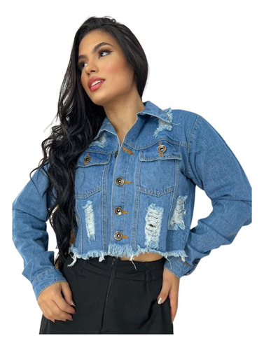 Jaqueta Jeans Jaquetinha Feminina Curta Rasgada Destroyed