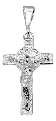 Cruz De San Benito Crucifijo En Plata Ley 925 Con Cadena Color Plateado