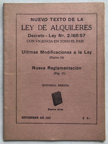 Nuevo Texto Ley De Alquileres Septiembre 1957 Edit Bregna