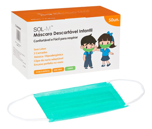 Imagem 1 de 9 de 50 Máscaras Descartáveis Tripla Camada Infantil Verde