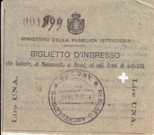 1920 Antiguo Billete Para Museo Arqueologico Ancona Italia