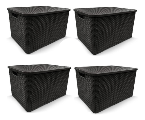 Kit de 4 cajas organizadoras de ratán, cesta mediana de 15 litros, color negro