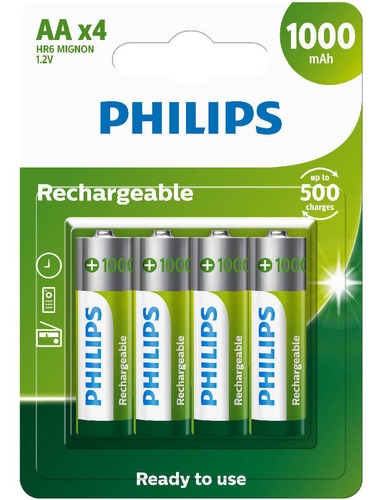 Pilha Recarregável Philips Aa 1000mah C/ 4 Unds R6b4rtu10/59