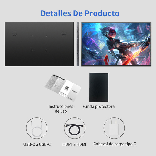 Monitor Portatil 15.6'' Ips 1920x1080p Fhd Para Xbox Ps4 Ps5 Switch Laptop Phone Con Type C 3.0 Hdmi Cable con Funda Protectora TYPE C 3.0 HDMI