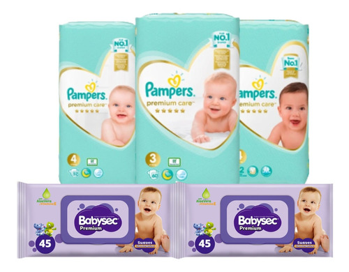 Kit Toallitas  Humedas 5 Paqtes +128 Pañales Pampers Premium