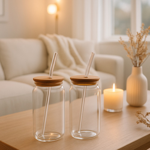 Vaso De Vidrio Premium Curvo Con Sorbete O Tapa De Bambú Gris