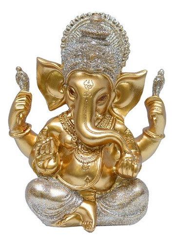 Escultura Ganesha Glit Dourada E Prata Em Resina