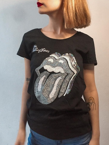 Remera Negra Con Apliques The Rolling Stones