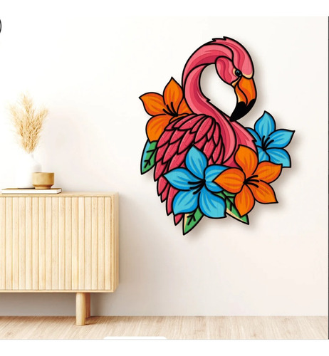 Cuadro Decorativo Flamenco Ave Flores Jardin Colorido Madera