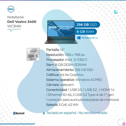 Imagen 2 de 10 de Notebook Dell I5-1135g7 8gb 256ssd W10p Vostro 3400