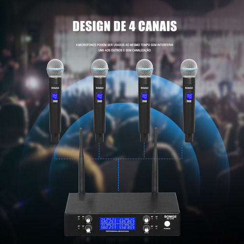 Sistema De Microfone Dinâmico Sem Fio Uhf De 4 Canais 260ft