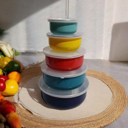 Set De 5 Bowls De Peltre Con Tapa De Plastico