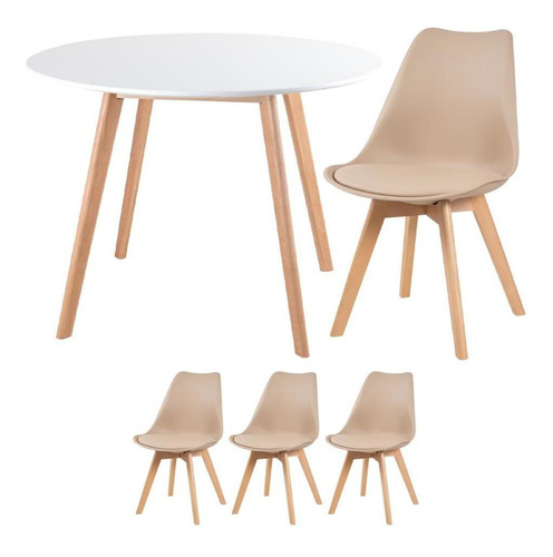 Mesa De Jantar Redonda 100 Cm + 3 Cadeiras Estofadas Leda Cor Mesa branco com cadeiras nude