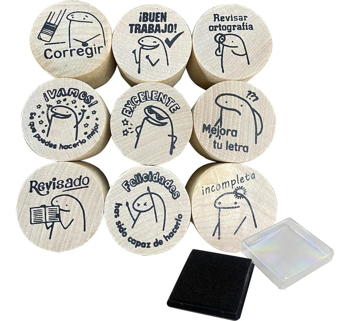 Pack de 9 Sellos de Madera Circulares con Cojín de Tinta Negra – Diseño Flork Deformito para Maestros
