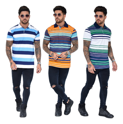 Kit 3 Camisa Polo Masculina Social Manga Curta Algodão