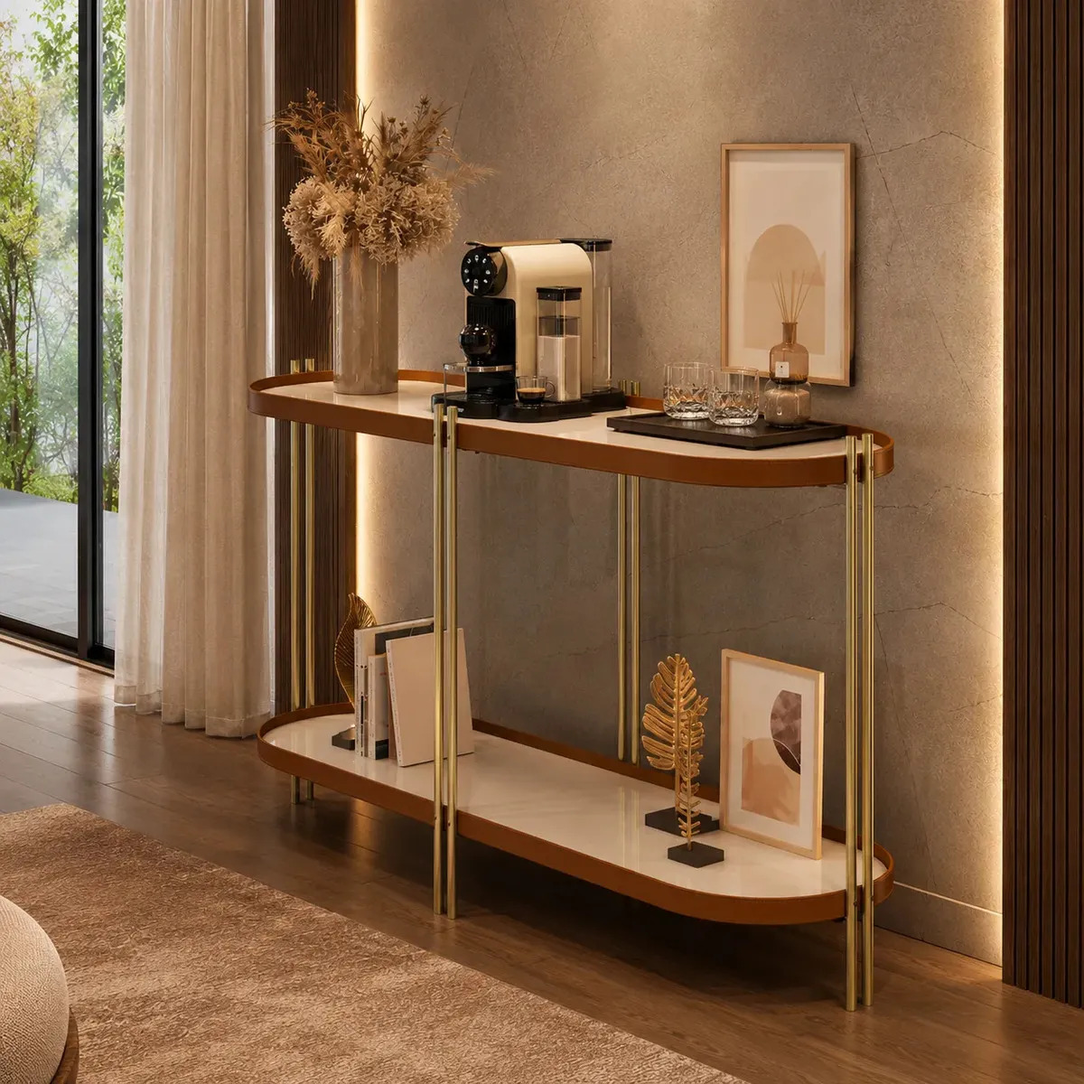 Buffet Aparador Moderno Oval Prateleiras Couro Pés Dourado