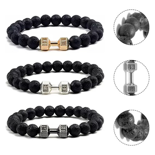 Pulsera Ajustable Con Mancuernas De Piedra De Lava Negra Par