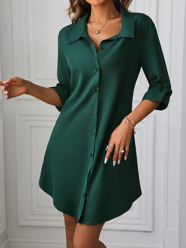 Vestido Camisa De Con Cuello De Solapa Y Mangas Enrolladas