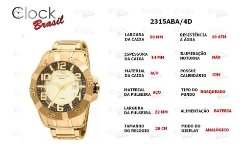 Relógio Masculino Technos Legacy 2315aba 4d 50mm Dourado