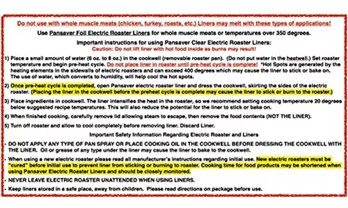 PanSaver Electric Roaster Liner Instructions 