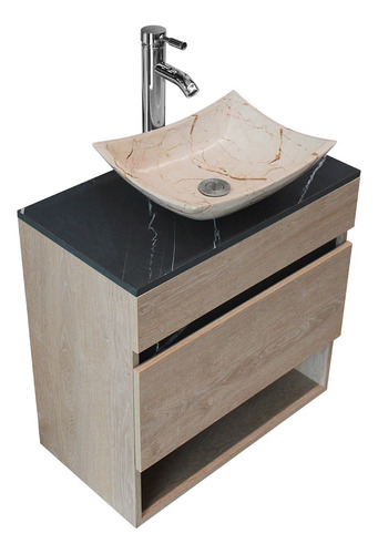 Gabinete para baño NCI Madrid de 60cm de ancho, 60cm de alto y 35cm de profundidad, con lavabo color roca y mueble nativa con un agujero para grifería