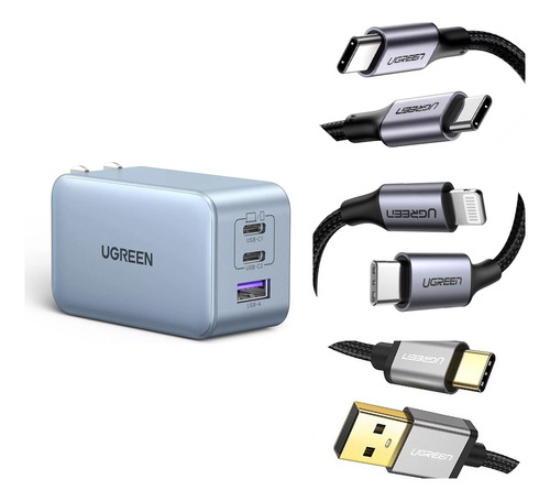 Kit Cargador 65w 2 Puertos Usb C Y 1 Usb A + Cables Ugreen 