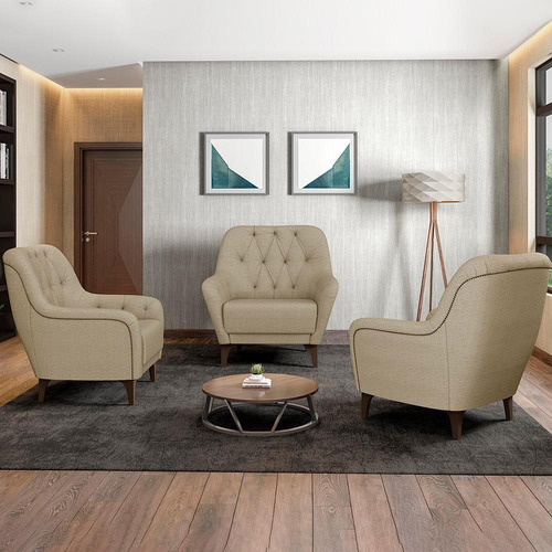 Poltrona Decorativa P/sala Com Capitonê Pietà Linho Bege Cor Creme