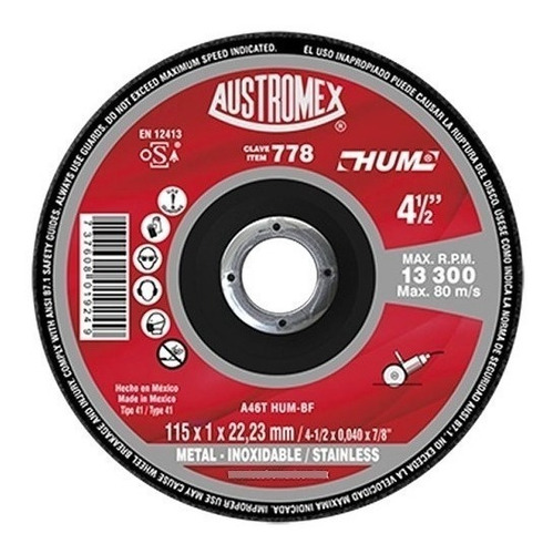 Disco de corte Austromex HUM® 778 115mm x 1mm color rojo 50PZAS