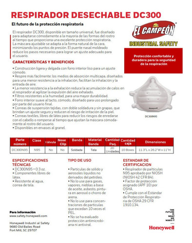 Imagen 6 de 6 de Mascarilla N95 Honeywell Dc300 Niosh Caja Con 20 Piezas