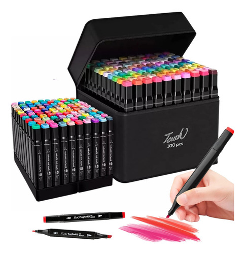 Marcadores 100 Plumones Colores Doble Punta Estuche Pincel