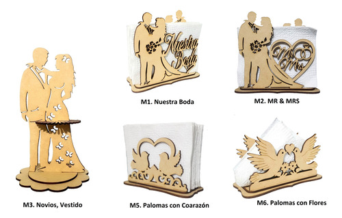 Servilleteros Para Bodas Con Forma De Novios 6pz De Mdf M5 Palomas Con Corazón