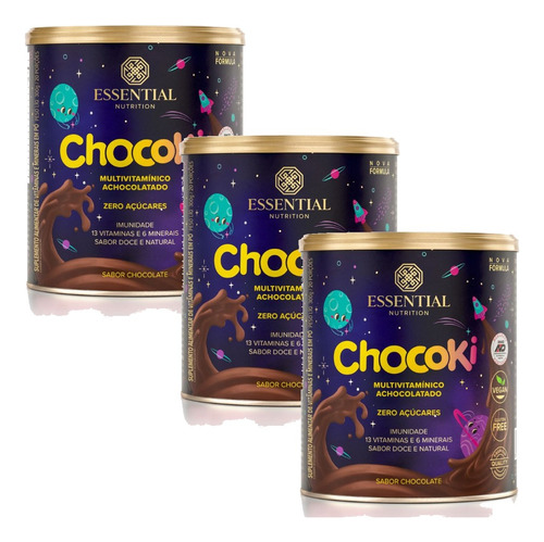 Kit 3x Chocoki Essential Nutrition 300g Cada Sabor Chocolate